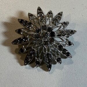 Vintage Elegant Floral Brooch Pin with Gray Rhinestones Flower Jewelry Accessory
